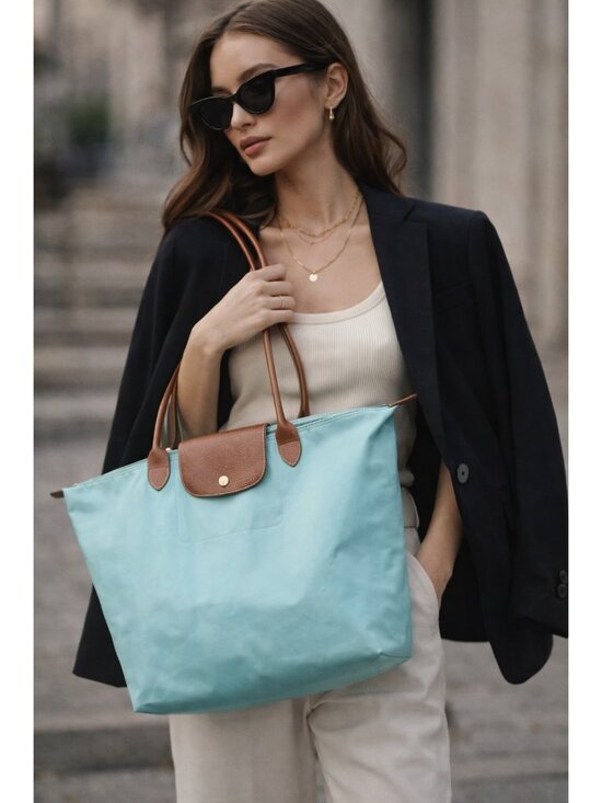 Longchamp Handbags - Longchamp Le Pliage Medium Tote Bag Blue Nylon Brown Leather Foldable bag